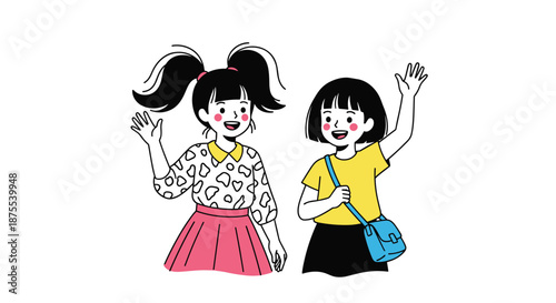 Two cheerful young girls with different hairstyles smiling and waving their hands in a friendly greeting, isolated on white.