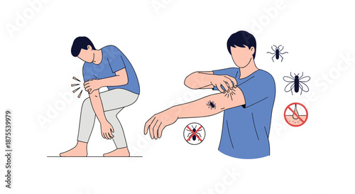 Man scratching an itchy insect bite on his arm, with icons of various bugs like mosquitos and ticks that cause skin irritation.