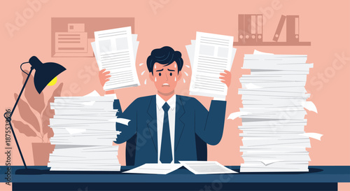 Stressed and overworked businessman sitting at his desk, overwhelmed by huge stacks of documents and unfinished paperwork.