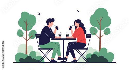 Young couple on a romantic date, sitting at a table in a park and drinking coffee, enjoying a peaceful time together outdoors.