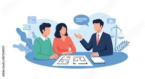 Professional male lawyer or real estate agent consulting with a young couple, discussing a contract and a house floor plan.