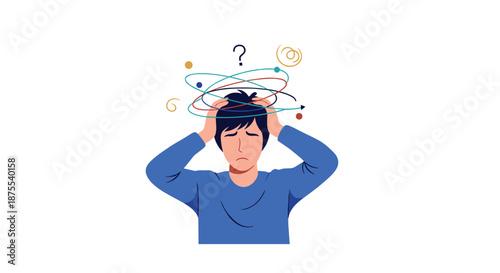 Young man suffering from dizziness and confusion, holding his head in distress with swirling thoughts and a question mark above.