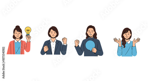 Set of a businesswoman showing various positive emotions and actions, including having an idea, feeling determined, and communicating.