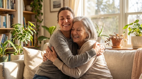 Adult Daughter Hugging Elderly Mother Behind Sunlit Living Room Smiling Eyes Closed Emotion Warmth