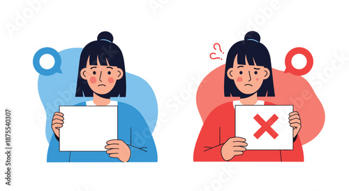 Woman holding a blank sign and another sign with a red X mark, showing concepts of approval, disapproval, and feedback.
