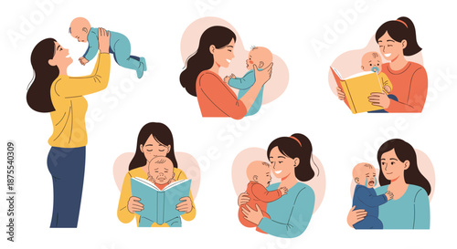 Collection of heartwarming illustrations showing a mother's love and care for her baby in various everyday situations.