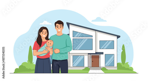 Happy young family with a newborn baby standing together in front of their modern new house, representing home ownership.