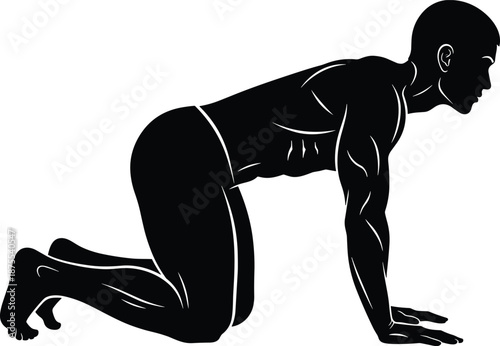 Black silhouette of a muscular man doing floor exercises on all fours, bodybuilding and core fitness training concept, vector. (20 words)