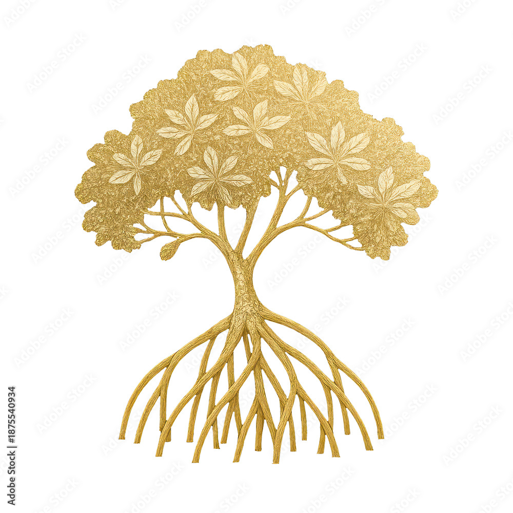 Fototapeta premium PNG Golden tree with intricate roots.