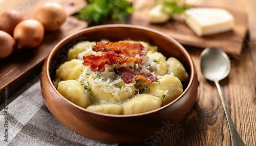 slovak bryndzove halusky potato dumplings with sheep cheese topped with crispy bacon served in a traditional wooden bowl surrounded by fresh ingredients and natural light