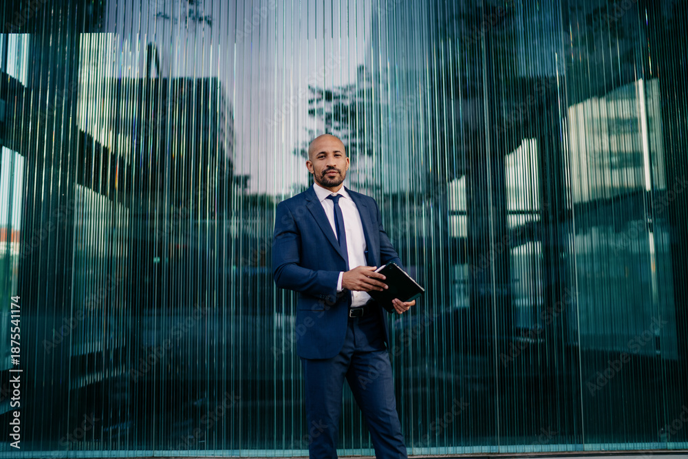 Fototapeta premium Businessman standing against glass wall, adjusting suit and holding tablet, expressing readiness, control and confidence in fast-adapting business world driven by tech.