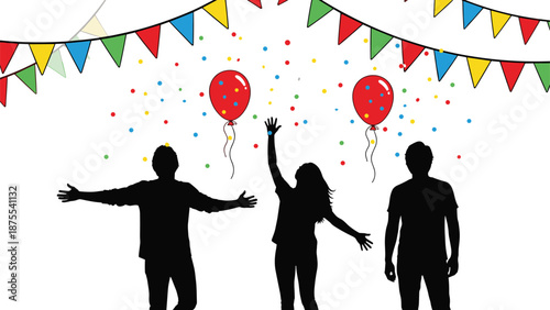 Black silhouette of people celebrating with colorful bunting flags, red balloons, and falling confetti, party event background isolated on white. (20 words)