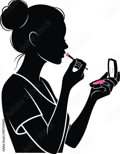 Black silhouette of woman applying makeup with brush, beauty salon female portrait, cosmetics and fashion girl face vector, isolated illustrations. (20 words)