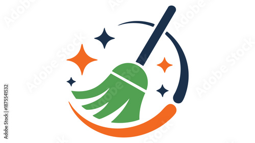 Cleanliness and tidiness concept with a broom and sparkling elements in a vibrant logo design