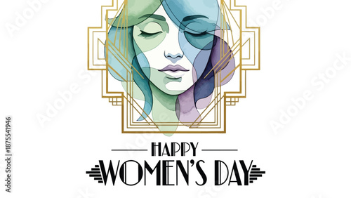 Happy women's day illustration with elegant woman face and geometric gold frame