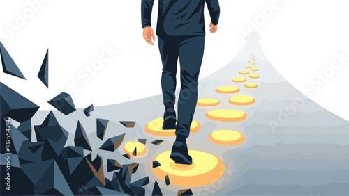 Man walking on golden coins path, overcoming obstacles, symbolizing financial growth and success.