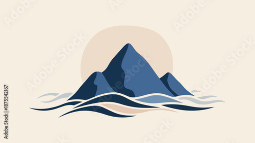 Minimalist Mountain Landscape with Sun and Waves.