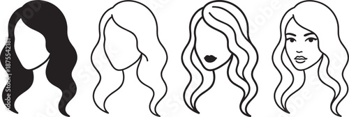 PrintSet of woman long hair style icons, beauty salon female portrait silhouettes, minimalist fashion girl face line art, vector illustrations. (20 words)