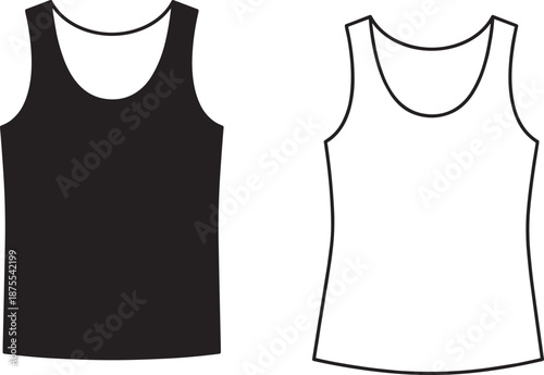 Black silhouette and outline vector of a woman tank top, sleeveless undershirt clothing icon set isolated on white background for fashion. (20 words)