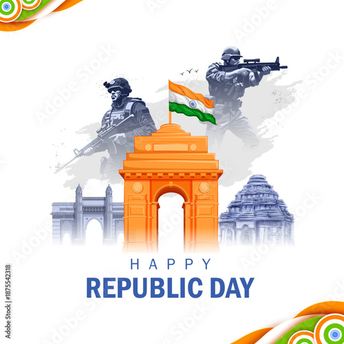 Indian Army solider holding flag of India with pride for 26th January Happy Republic Day of India