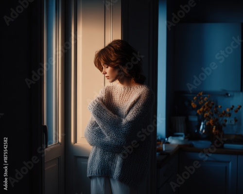 Woman standing by window in kitchen wearing cozy sweater during evening light with flowers on table