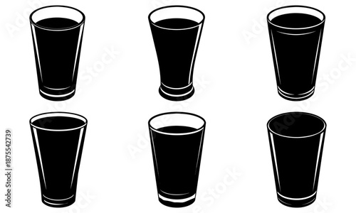 Six black glasses filled with dark liquid on a white background