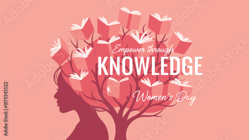 Empowerment through knowledge international women's day symbol with book tree and female silhouette on pink background