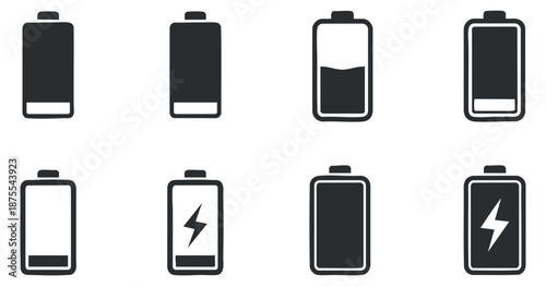 A collection of battery icons showing various charge levels and styles in flat black and white vector design, suitable for technology and app interfaces