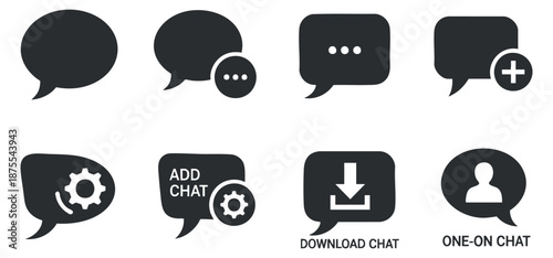 A collection of chat and messaging icons in black and white flat vector style, ideal for digital communication applications
