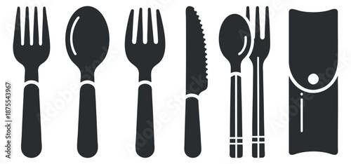 A set of cutlery including forks, spoons, and knives in black and white minimalist vector style, perfect for restaurant branding and menu design