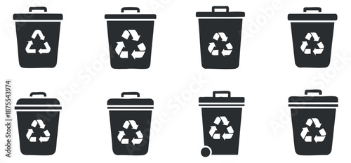 A collection of recycling bins featuring recycling symbols in black and white minimalist vector style, ideal for environmental awareness projects