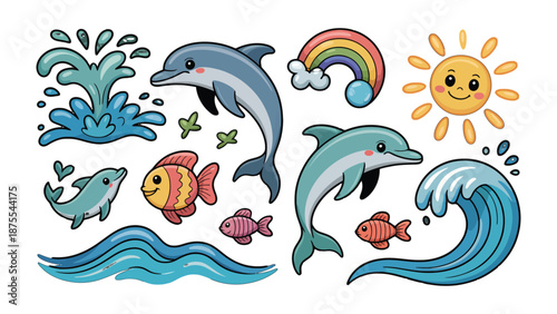 Ocean Life Illustration: A vibrant illustration showcasing marine creatures such as playful dolphins, colorful fish, and rolling waves. The scene is brightened by a smiling sun and a colorful rainbow.