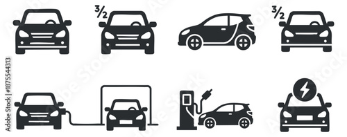 A collection of car icons featuring electric vehicles and charging stations in minimalist black and white vector style, ideal for automotive and sustainability projects