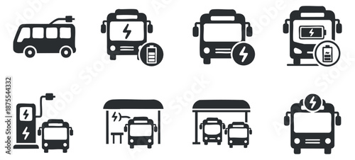 A set of electric bus icons, including charging stations and battery symbols in flat black vector style, ideal for transport and technology design