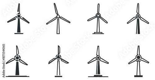 A collection of wind turbine icons in black and white minimalist vector style, suitable for renewable energy projects and environmental designs