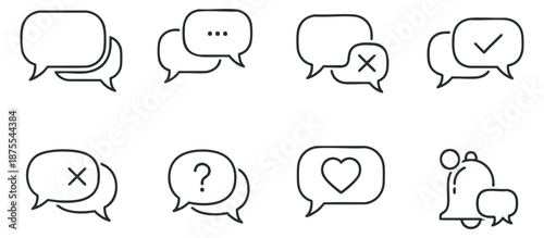 A set of speech bubble icons featuring various symbols like question marks, hearts, and checkmarks in minimalist outline vector style, ideal for user interface design