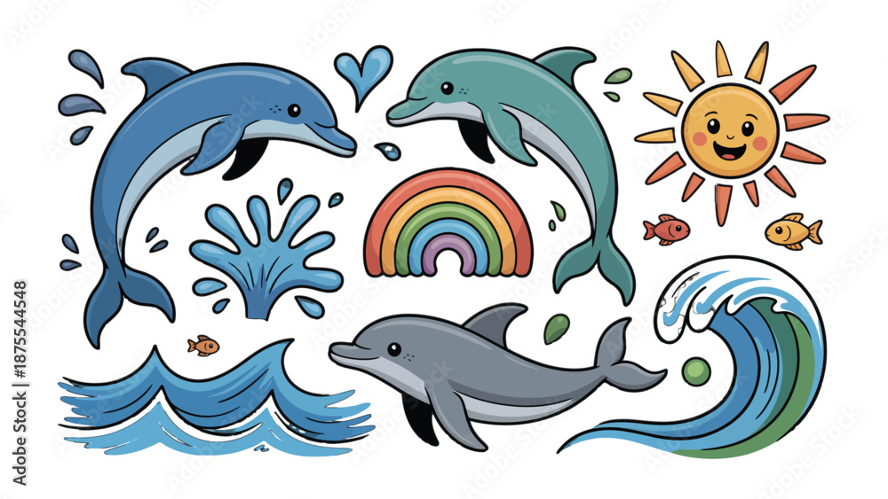 Obraz premium Marine Serenity: Delightful illustration of playful dolphins, a vibrant rainbow, and the gentle rhythm of ocean waves, capturing the essence of underwater charm.