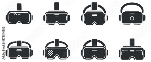 A set of eight virtual reality headsets in black and white minimalist vector style, ideal for technology and gaming branding
