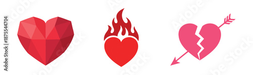 Set of three heart icons: low-poly geometric red, flaming red, and broken pink heart with an arrow. Concept for varied romantic emotions.