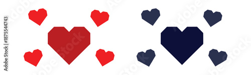 Set of geometric red and dark navy heart icons in a modern faceted style. Minimalist flat design elements for contemporary romantic branding.