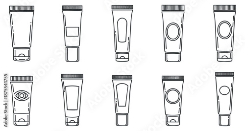 A set of ten cosmetic tubes in flat outline vector style, suitable for branding and packaging design