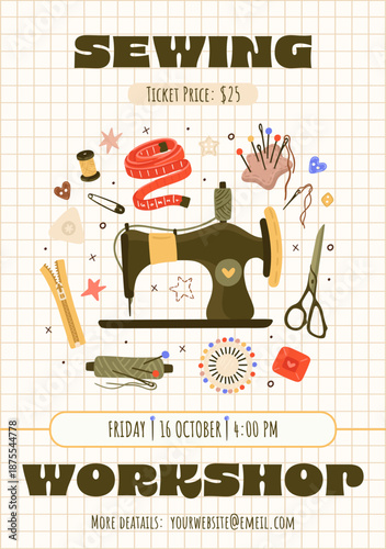 Sewing workshop template. Tailoring classes. Vector.