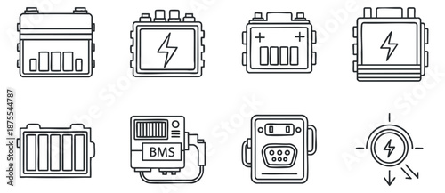A set of battery icons featuring various styles and indicators in clean outline vector design, suitable for technology and energy applications