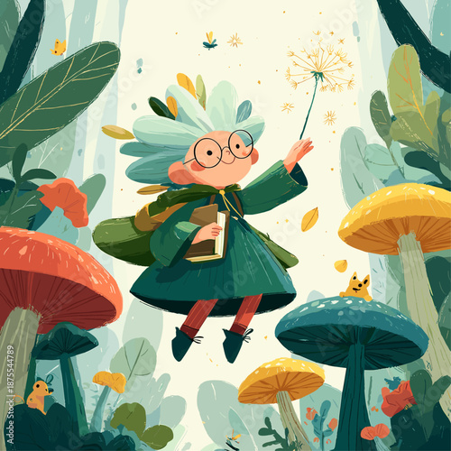 Whimsical Forest Fairy Surrounded by Floating Pages and Mushrooms