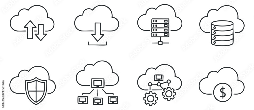 Fototapeta premium A collection of cloud computing icons including upload, download, server, and security in minimal outline vector style, ideal for tech and digital projects