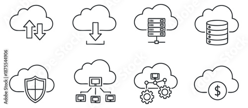 A collection of cloud computing icons including upload, download, server, and security in minimal outline vector style, ideal for tech and digital projects