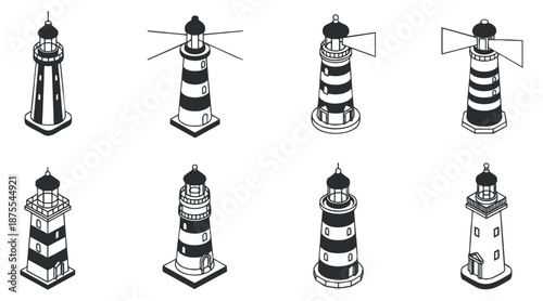 A collection of eight lighthouse icons in black and white outline vector style, ideal for nautical-themed designs and marine projects