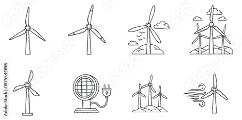 A collection of wind turbines and energy symbols in minimalist outline vector style, suitable for environmental projects and renewable energy branding