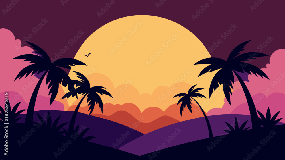Obraz premium Tropical Sunset Jungle Vector Illustration 