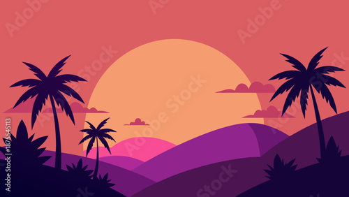 Tropical Sunset Jungle Vector Illustration 